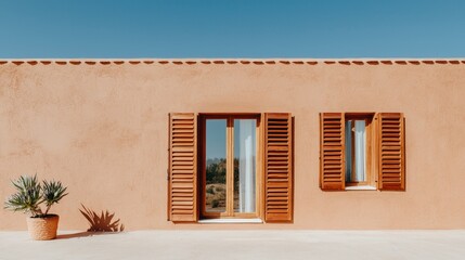 Home improvement with sustainable building concept. Peach-colored wall with wooden shutters and a potted plant, set against a bright blue sky.