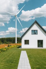 Home improvement with sustainable building concept. White house with a wind turbine nearby, set against a backdrop of blue skies and greenery, emphasizing sustainable living.