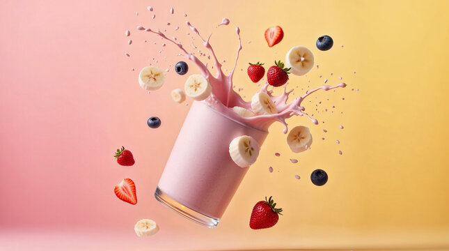 Salpicadura de batido de fresa con frutas en fondo degradado