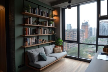A small urban apartment with floor-to-ceiling windows, a narrow but functional sofa, and a wall-mounted bookshelf that saves floor space