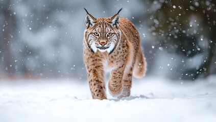 Obraz premium Majestic lynx gracefully walks through a snowy winter wonderland. Its piercing gaze and striking coat stand out against the soft, white backdrop.