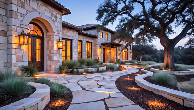 harming pathway to a warmly lit stone house at dusk