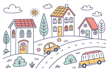 46 Colorful hand-drawn city elements, simple doodle buildings, childlike urban sketches, cute houses with varied roofs, cartoon cars and buses, minimalist trees, cheerful town illustrations, primary c