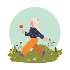 Cute girl holding flower in hand.Happy child pick floral bunches, rose blossoms. Flat vector illustration on white background.