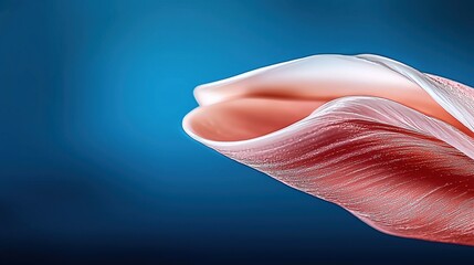 Delicate coral-pink petal curves against a deep blue backdrop