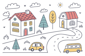 46 Colorful hand-drawn city elements, simple doodle buildings, childlike urban sketches, cute houses with varied roofs, cartoon cars and buses, minimalist trees, cheerful town illustrations, primary c