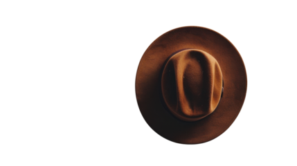 Brown fedora hat isolated on transparent background: overhead view