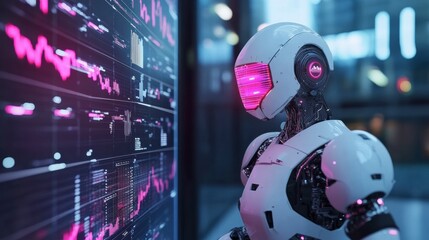 A futuristic crypto trading bot with glowing AI-enhanced analytics capabilities