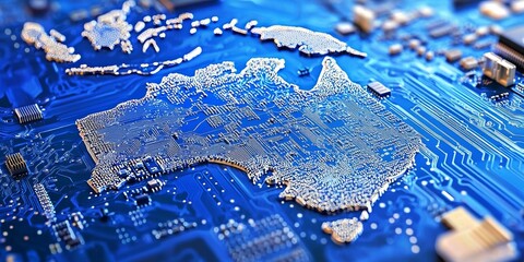 A creative blend of geography and technology with an Australia map in circuitry form.