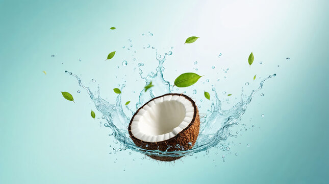 Mitad de coco cayendo en agua con salpicadura y hojas flotando