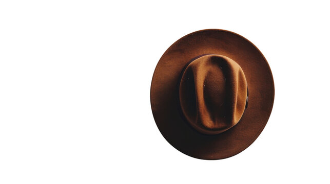 Brown fedora hat isolated on transparent background: overhead view