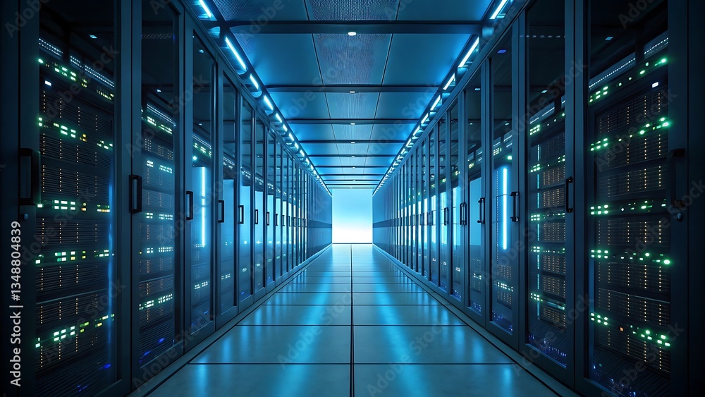 Poster modern data center server room with blue lighting rows of network servers in a high tech facility