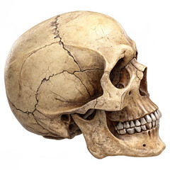 A detailed side view of a human skull with cracks and teeth on  anatomical study transparent background