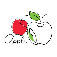 Fototapeta premium Apple Sketch with Leaves, Fruit Red and Outline on White Backdrop, Modern Design