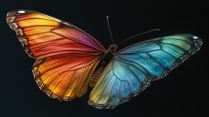 An ethereal rainbow butterfly with glowing edges, gently hovering in the darkness.