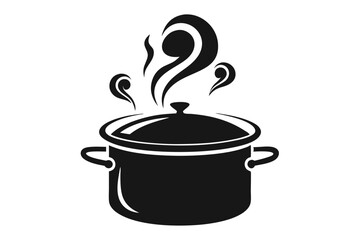 Black and White Covered Cooking Pot with Steam on Isolated Background
