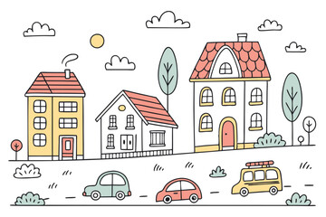 46 Colorful hand-drawn city elements, simple doodle buildings, childlike urban sketches, cute houses with varied roofs, cartoon cars and buses, minimalist trees, cheerful town illustrations, primary c