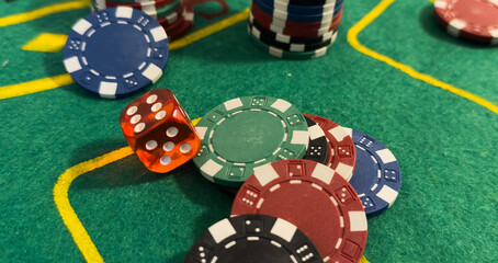 Casino chips and dice view.