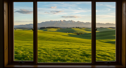 A Tranquil Lake Reflecting the Sky, Framed by an Open Window
