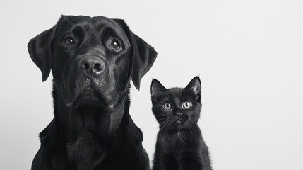 White background, one big black dog and one little black cat, sitting and looking on camera 