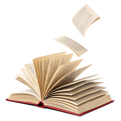 An open book with red cover and flying pages against  in a studio shot composition transparent background