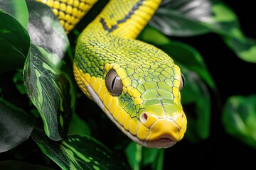 Fototapeta premium A close-up image of a vibrant green snake resting among lush, dark green leaves, showcasing its distinctive scales and striking features.