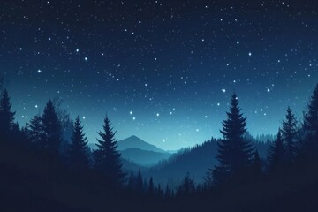 Naklejka premium Starry night sky over forest illustration silhouette landscape.