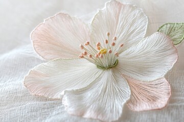 Obraz premium Delicate embroidered flower with pastel pink and white petals on a sheer fabric.