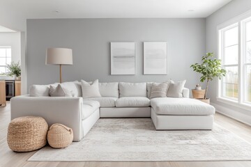 A spacious living room with light gray walls, a white sectional sofa, and a large, minimalist rug, with a few