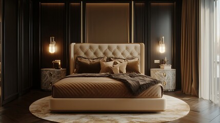Luxury Modern Bedroom Interior with Futuristic Design, Elegant Furniture, Soft Lighting, and Cozy Minimalist Decor
