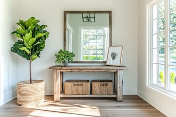 A spacious modern farmhouse entryway with a rustic wood console table, a woven basket for storage, and a large mirror