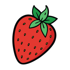 Obraz premium Cartoon Strawberry Red Berry with Green Leaves, Black Outline, and Small Seeds