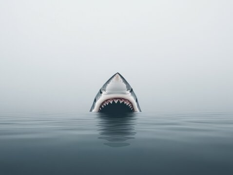 A shark emerging from calm waters in fog.