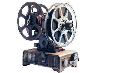 Naklejka premium Vintage movie projector displaying reels on transparent background