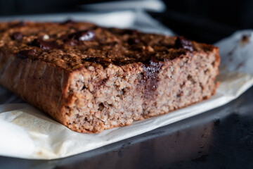 Homemade oatmeal, banana and chocolate cake, healthy snack lots of vitamins and fibers