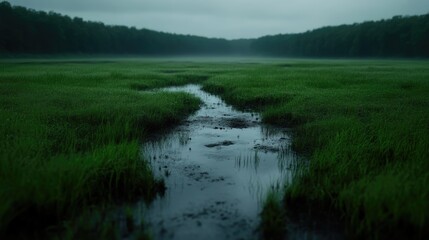 Misty marsh waterway. Lush green grass surrounds a tranquil waterway reflecting the overcast sky