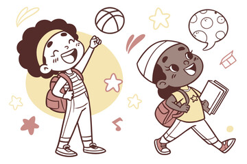 49 Cute cartoon children illustrations, simple line drawings, colorful accents, diverse characters, expressive faces, various poses and gestures, minimalist style, playful icons, hand-drawn aesthetic,