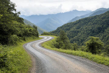 Naklejka premium Serene rural road meandering through vibrant green hills and mountains under a cloudy sky