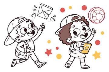 49 Cute cartoon children illustrations, simple line drawings, colorful accents, diverse characters, expressive faces, various poses and gestures, minimalist style, playful icons, hand-drawn aesthetic,