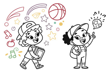 49 Cute cartoon children illustrations, simple line drawings, colorful accents, diverse characters, expressive faces, various poses and gestures, minimalist style, playful icons, hand-drawn aesthetic,