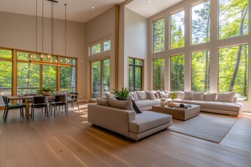A spacious open-concept living room seamlessly flowing into a dining area, with large windows allowing natural light to flood the