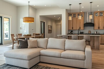 A spacious open-concept room with a soft-toned sectional sofa, natural wooden accents, and a cozy dining nook, creating a balanced,