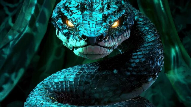 	
A zoom in to a massive serpent snake with glowing yellow eyes and dark scales against an abstract dark green background. A video game concept art.