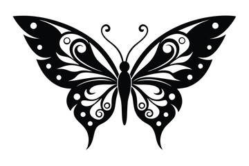 Elegant Butterfly Silhouette, Black Isolated Design, Floral Ornate Wings, Nature Theme