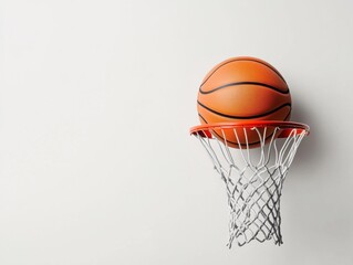 Basketball in hoop against a plain background.