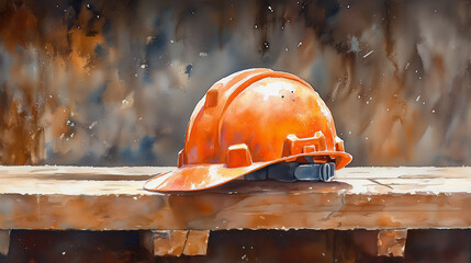 Artistic Watercolor Picture of Orange Safety Helmet on Rustic Wooden Surface