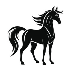 Obraz premium Elegant Stallion Silhouette. Standing Horse with Flowing Mane & Tail, Black on White