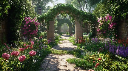 A lush English garden in full bloom featuring a quaint gazebo