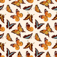 vector illustration features a stunning seamless pattern of butterflies Swallowtail, Papilio thoas, and Danaus plexippus. Each butterfly features vibrant colors that are for nature-themed designs.