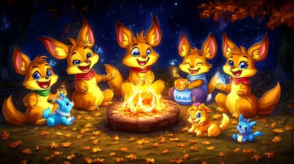 Naklejka premium A Group Of Cute Cartoon Animals Around A Campfire